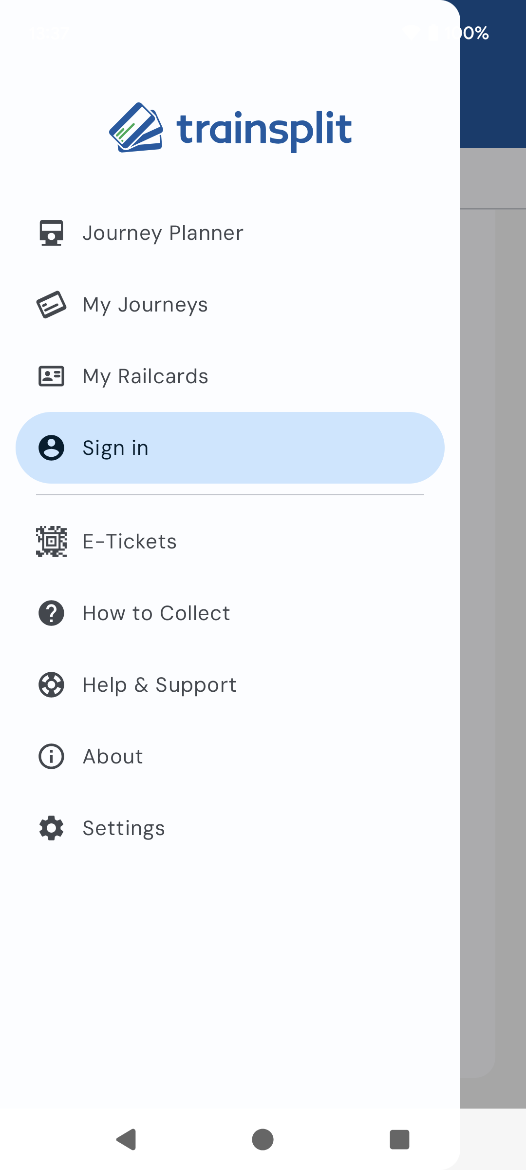 TrainSplit app navigation screen