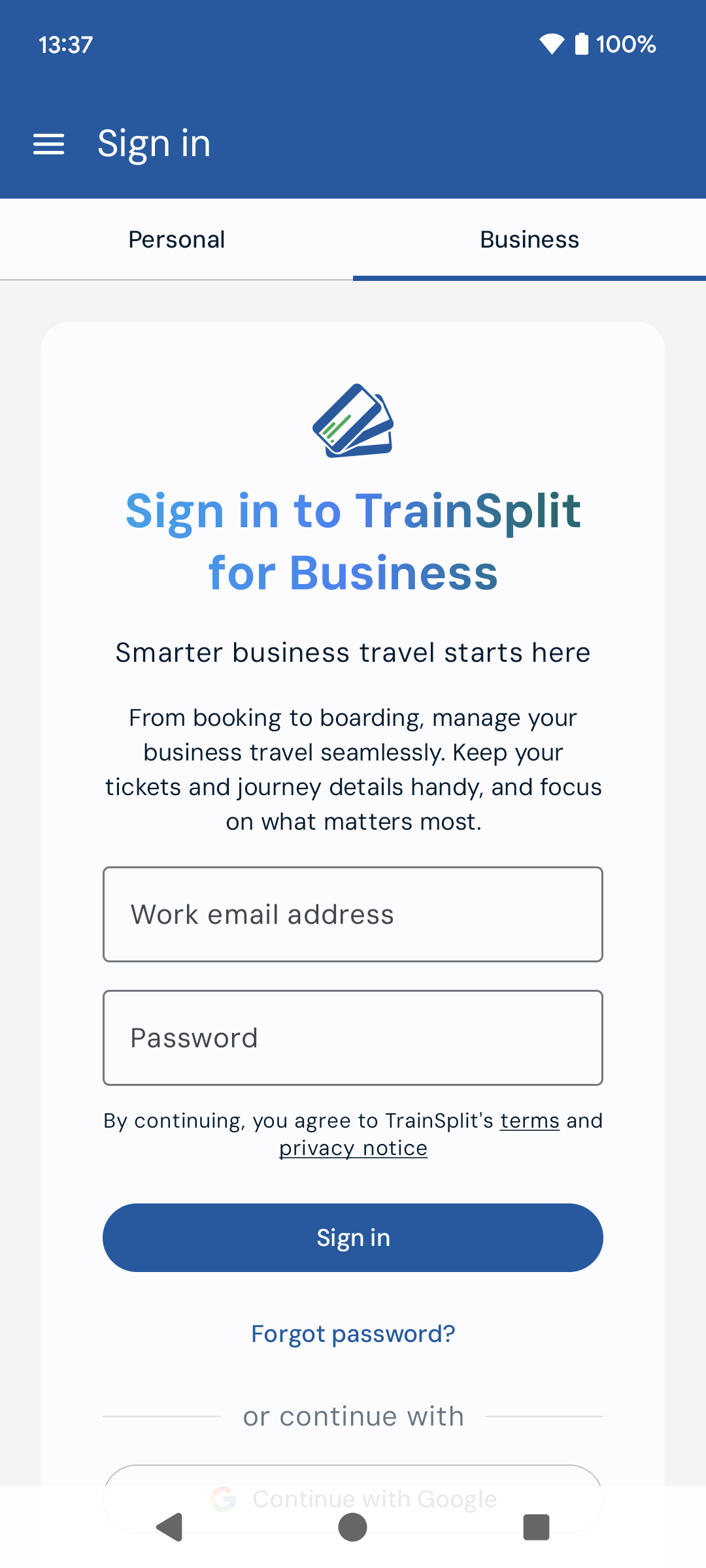 Sign in with business account