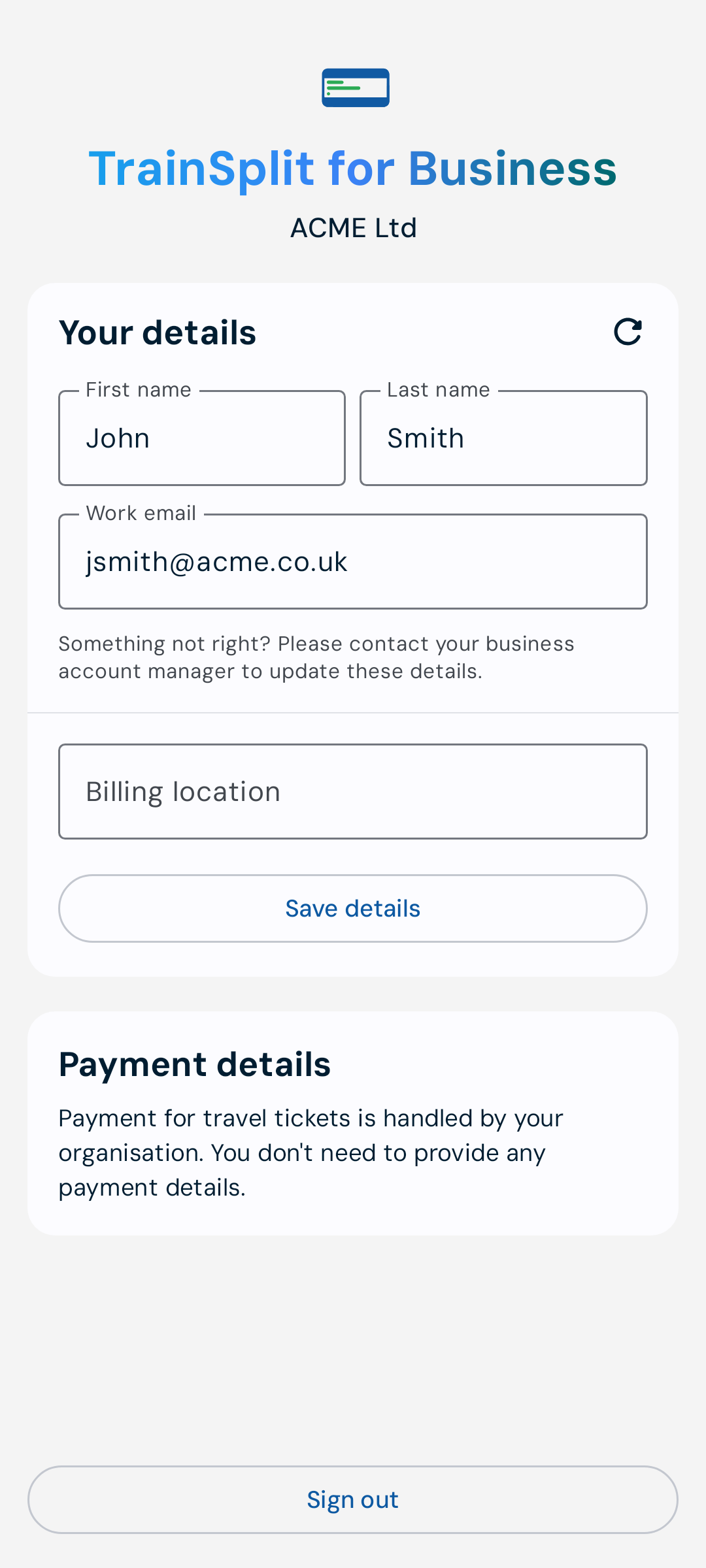 TrainSplit app account screen