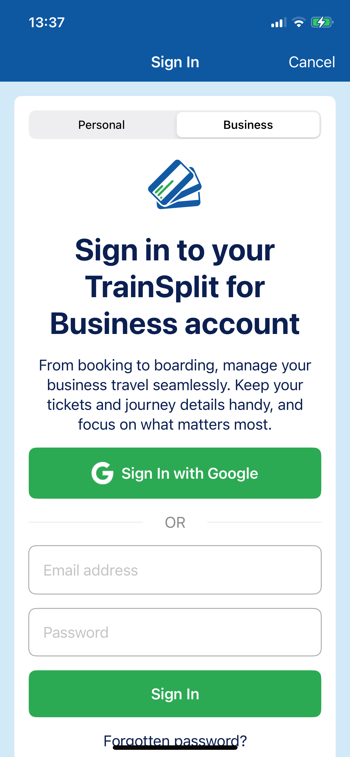 Sign in with business account