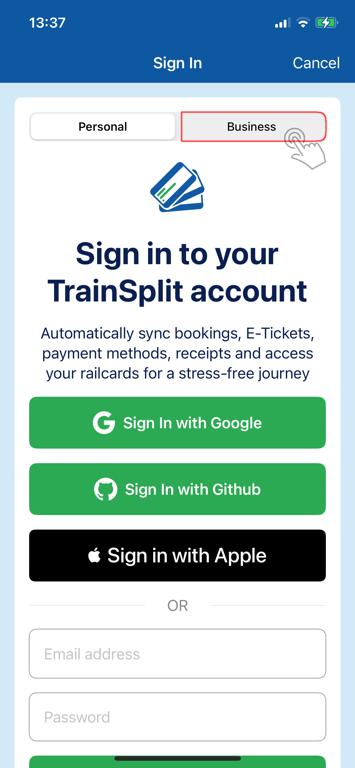 Sign in with personal account