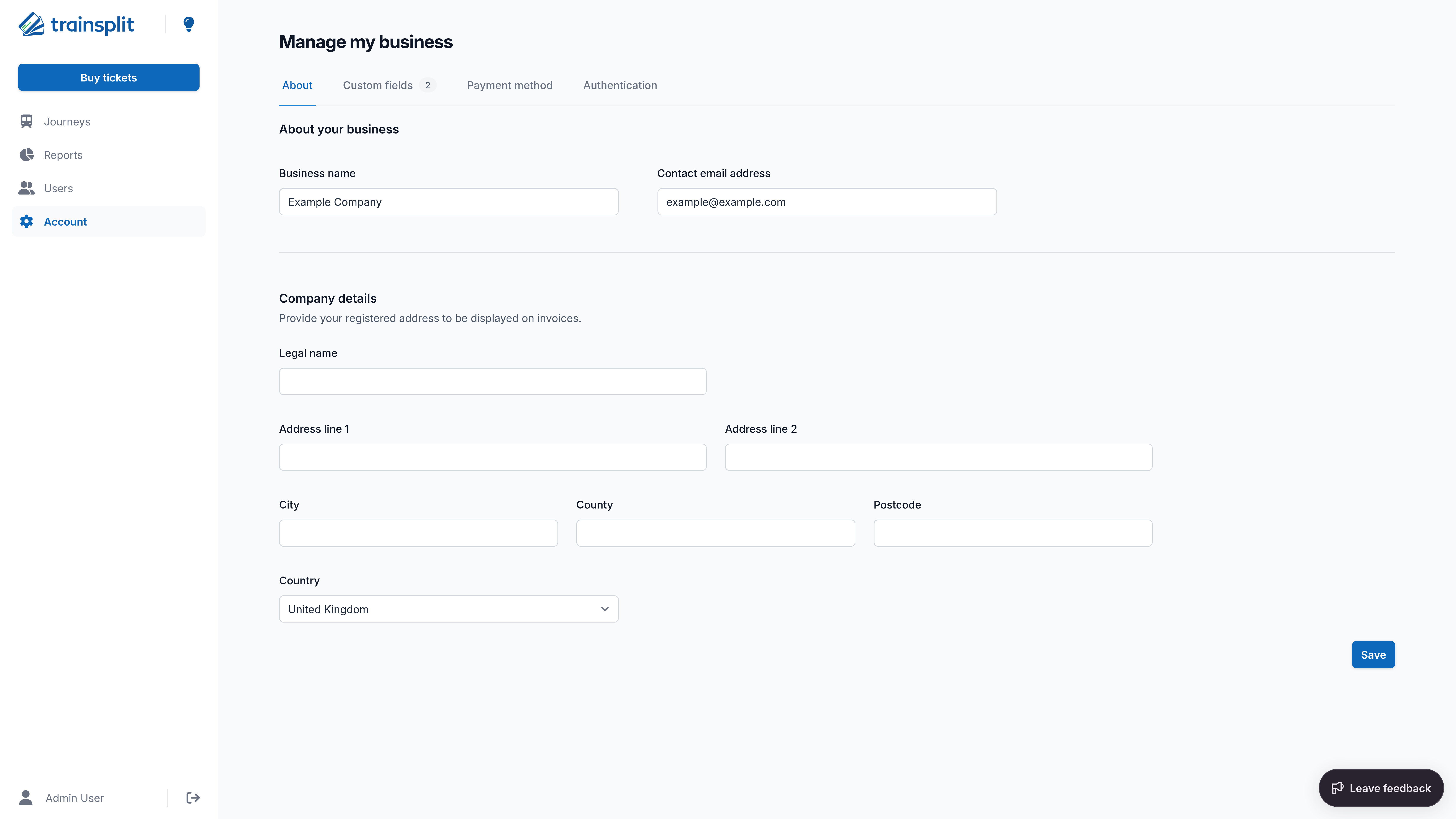 Screenshot of the corporate portal, showing the form to enter company details