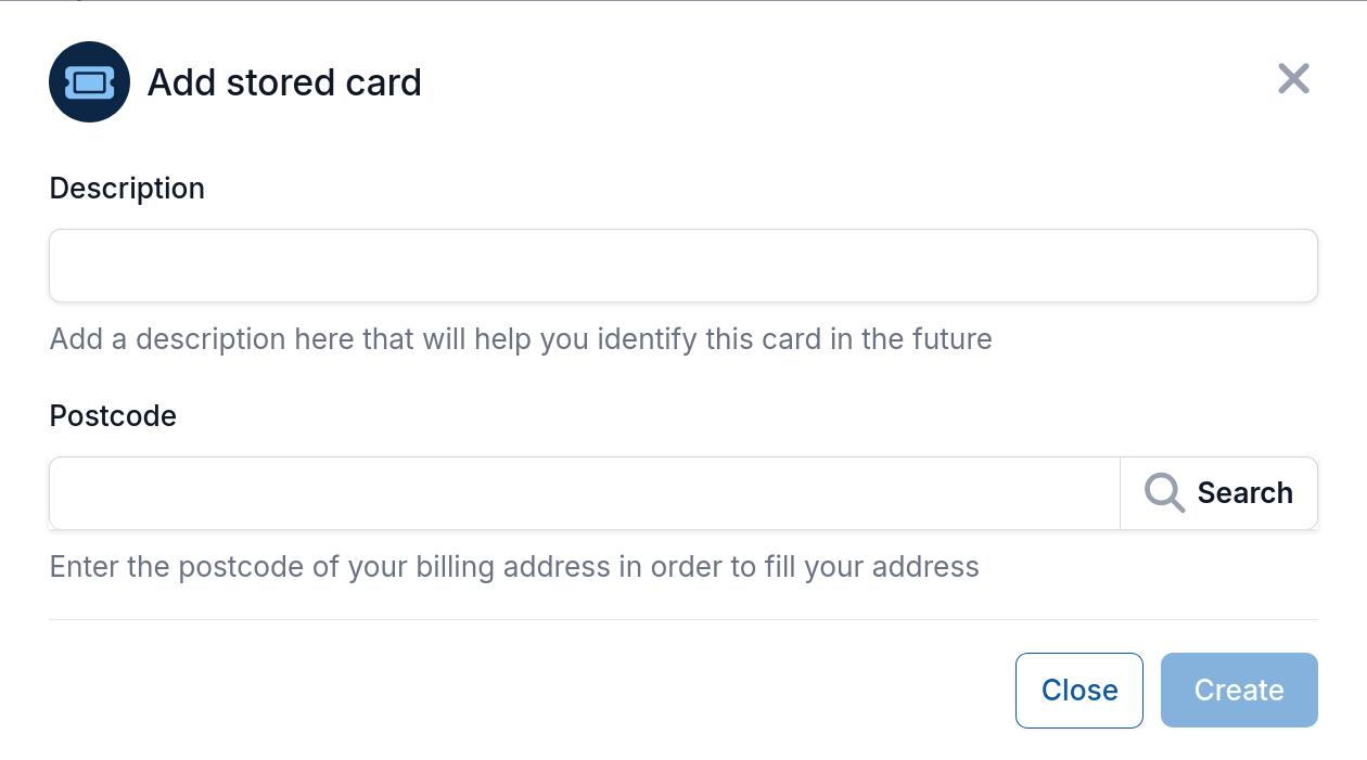 Screenshot of the corporate portal, showing the form to add a stored card