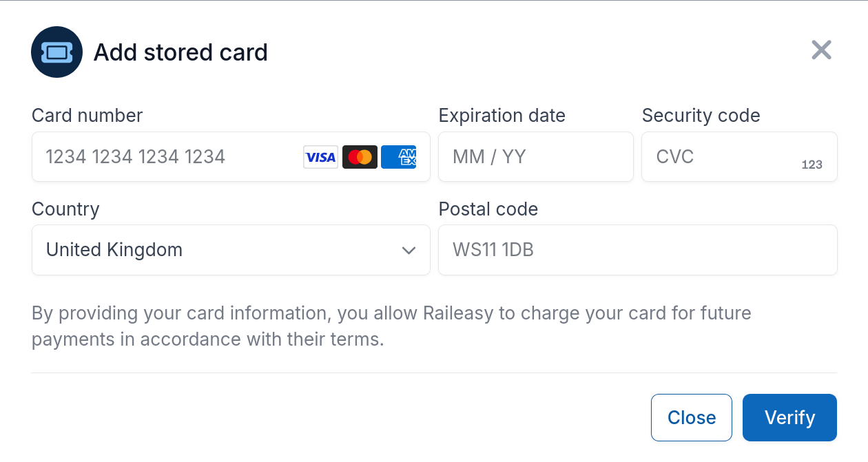 Screenshot of the corporate portal, showing the form to add card details