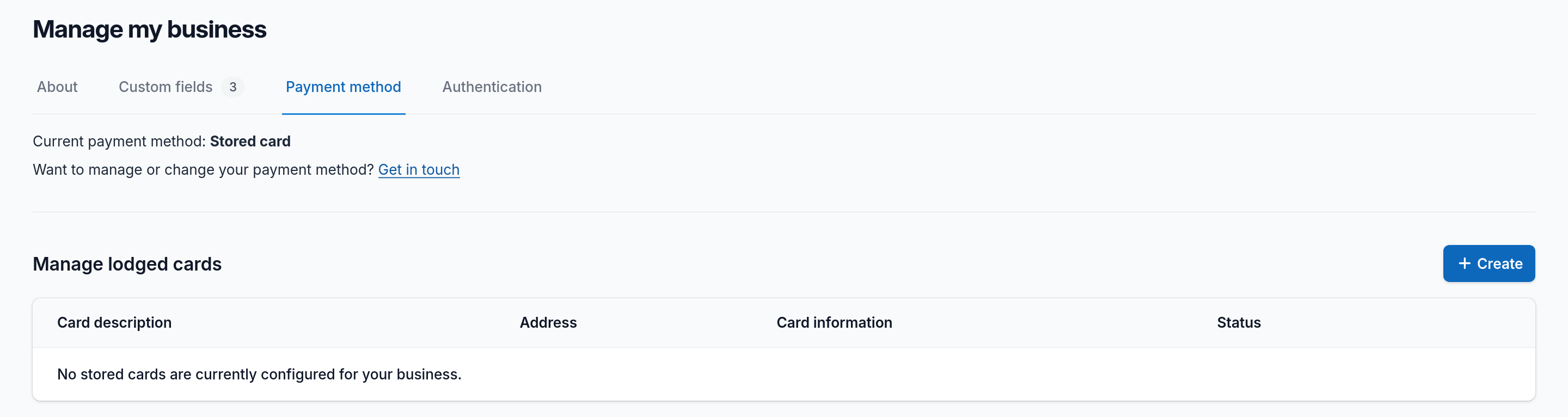 Screenshot of the corporate portal, showing an empty area with no stored cards currently set up