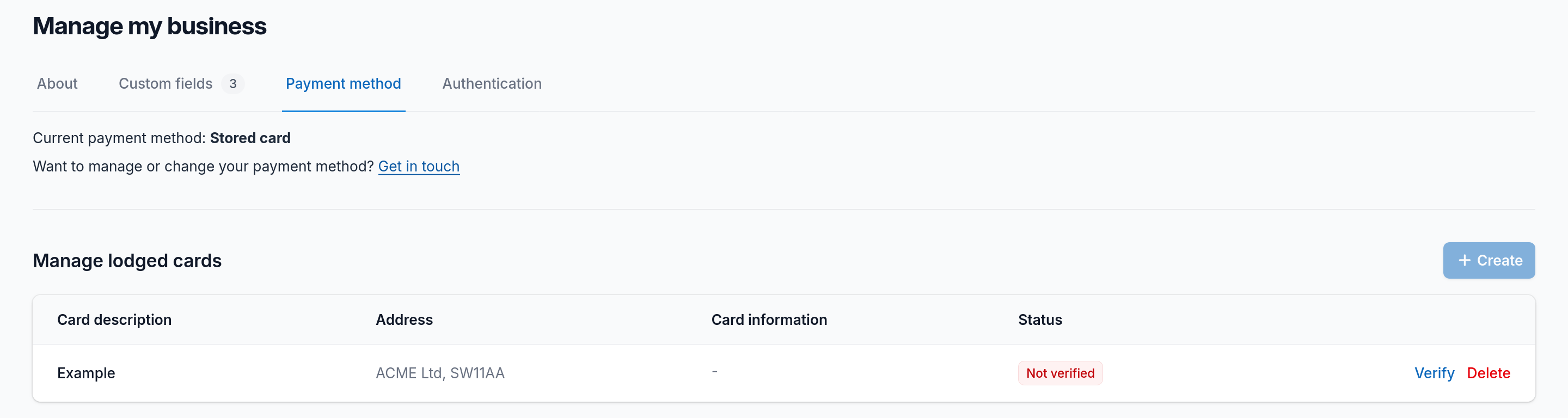 Screenshot of the corporate portal, showing a stored card awaiting entering details