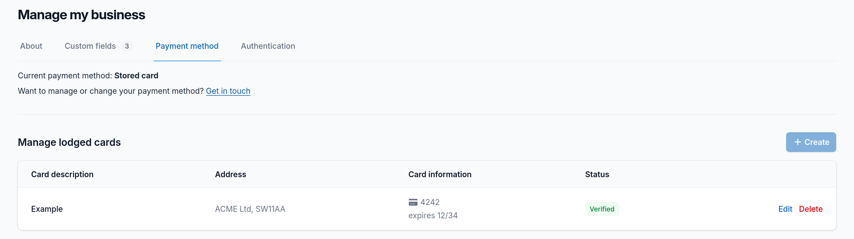 Screenshot of the corporate portal, showing a stored card that has been verified and is active